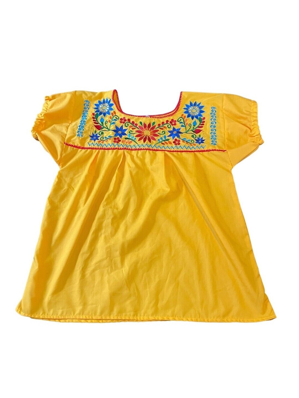 Mexican Embroidered Blouse Womens L Yellow Floral Peasant Top Short Sleeve